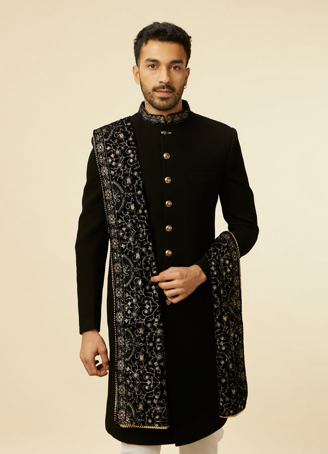 alt message - Manyavar Men Classic Black Achkan Style Sherwani Set image number 0