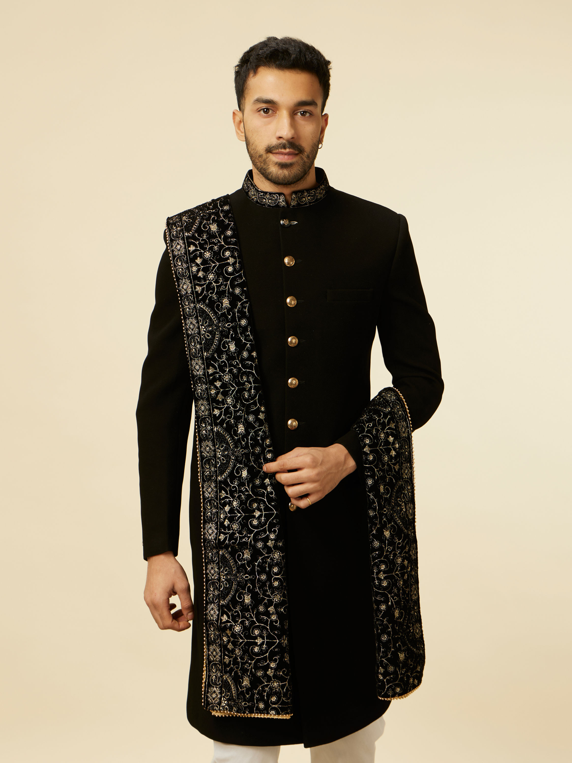 Manyavar Men Classic Black Achkan Style Sherwani Set