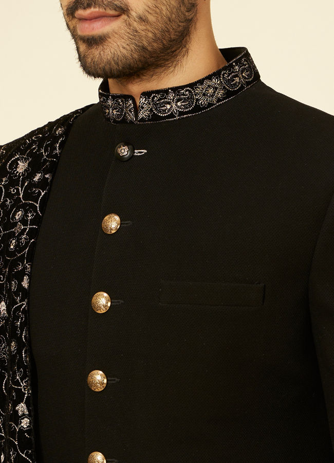 alt message - Manyavar Men Classic Black Achkan Style Sherwani Set image number 1