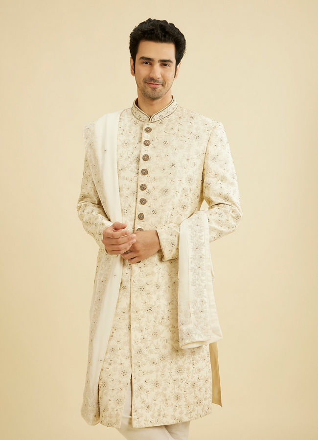 Manyavar Men Resplendent Cream Sherwani Suit