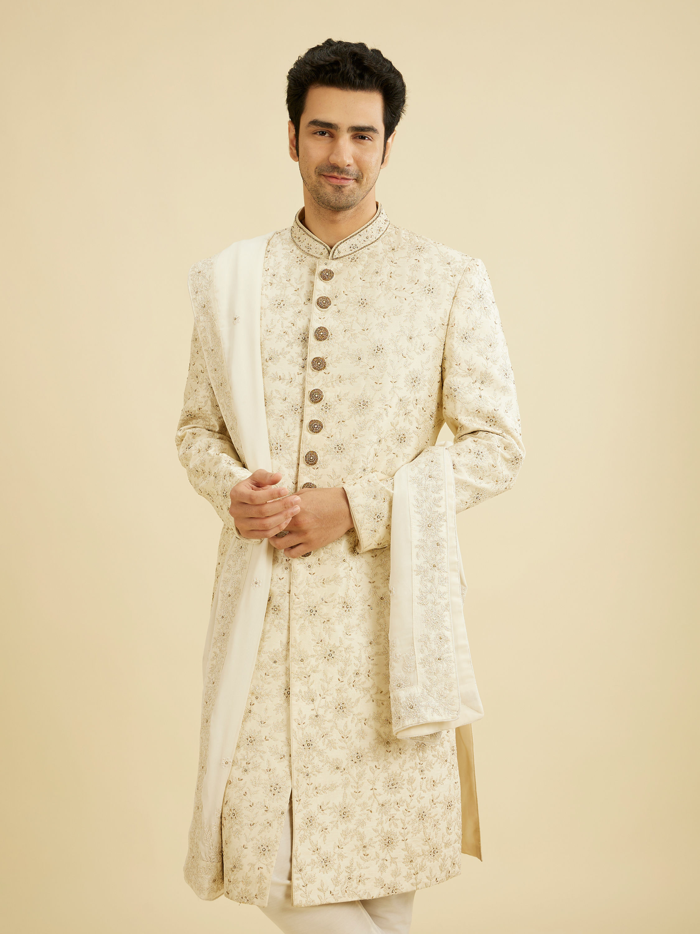 Manyavar Men Resplendent Cream Sherwani Suit