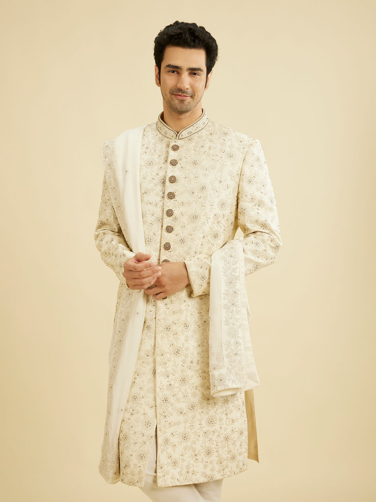 Manyavar Men Resplendent Cream Sherwani Suit