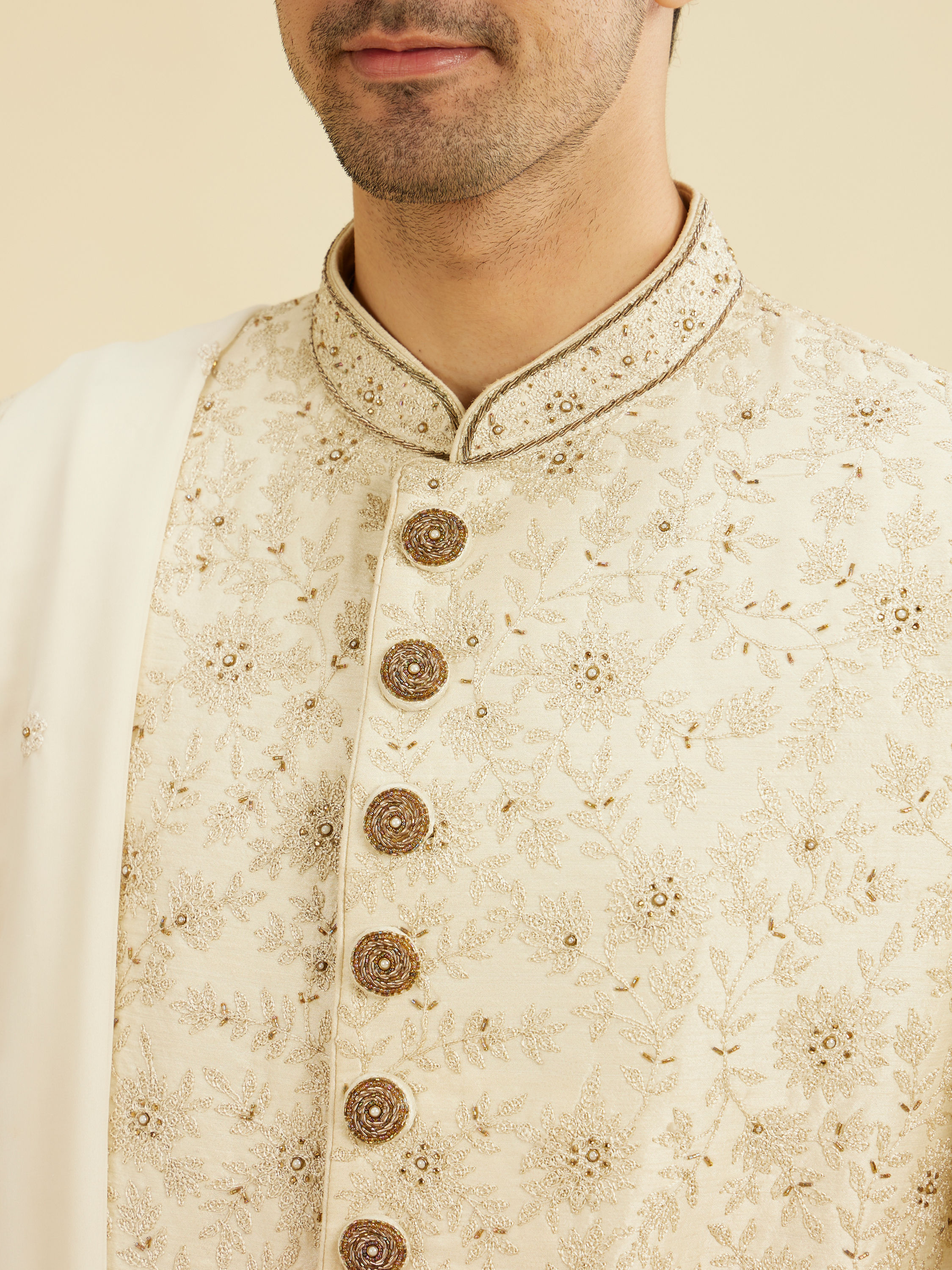 Manyavar Men Resplendent Cream Sherwani Suit