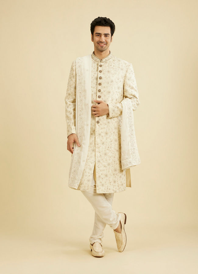 Manyavar Men Resplendent Cream Sherwani Suit