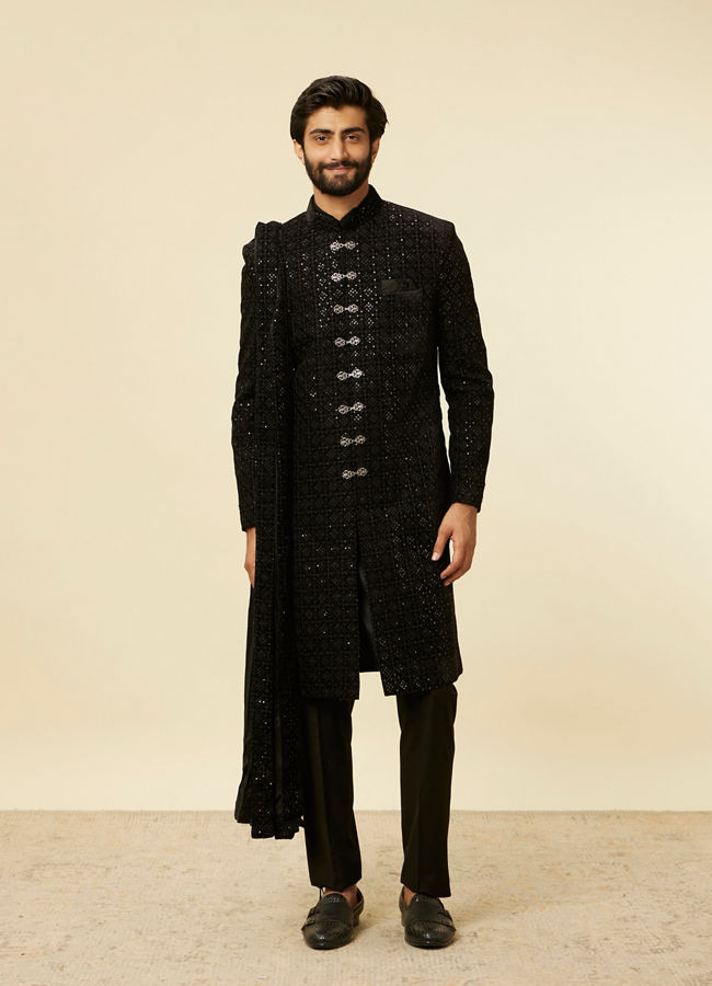 alt message - Manyavar Men Kohl Black Sequined Sherwani Set image number 2