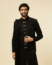 Manyavar Men Kohl Black Sequined Sherwani Set