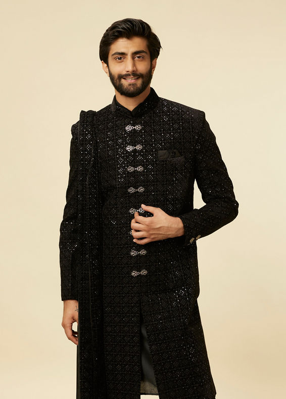 Manyavar Men Kohl Black Sequined Sherwani Set