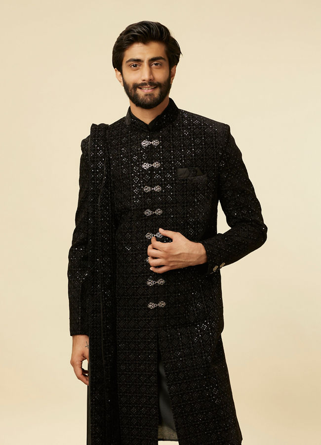 Manyavar Men Kohl Black Sequined Sherwani Set