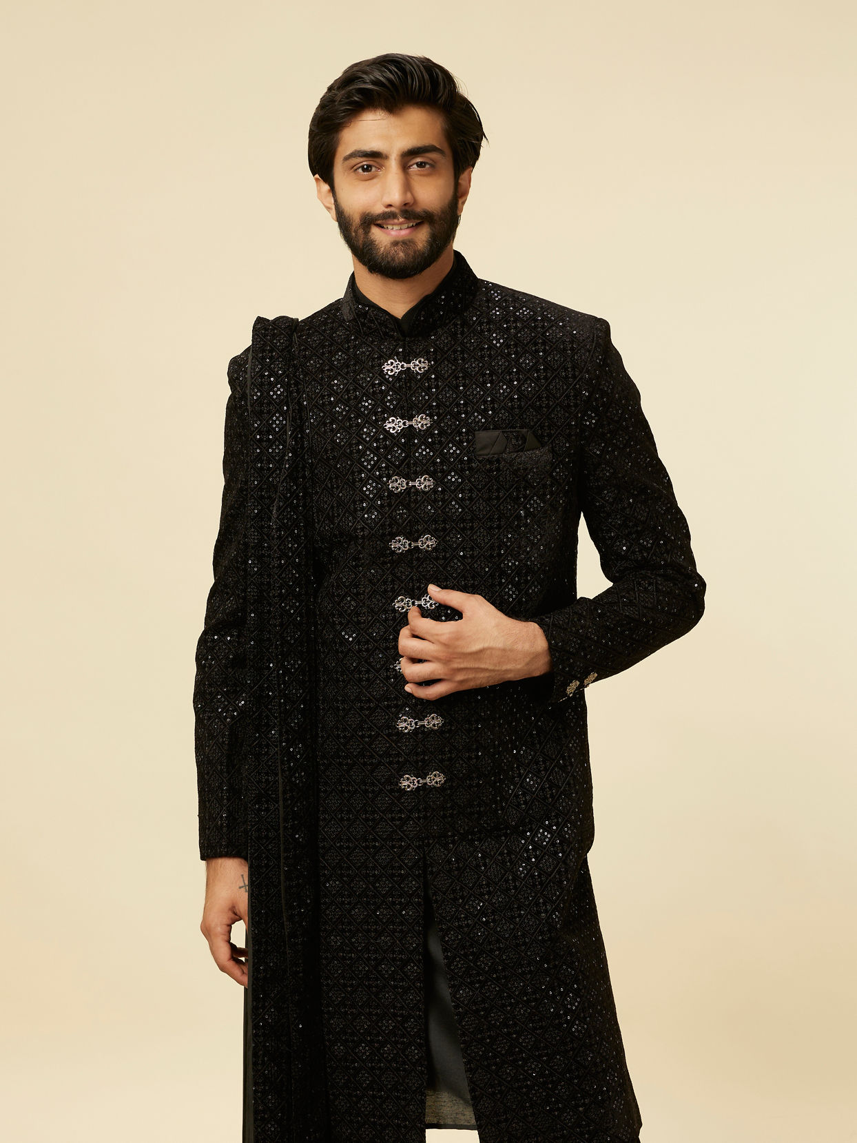 alt message - Manyavar Men Kohl Black Sequined Sherwani Set image number 0