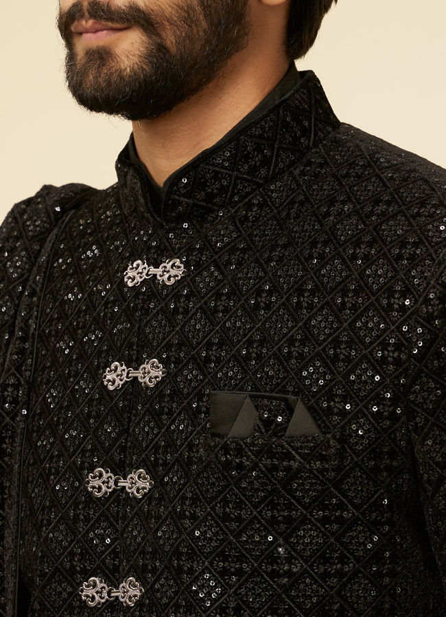 alt message - Manyavar Men Kohl Black Sequined Sherwani Set image number 1