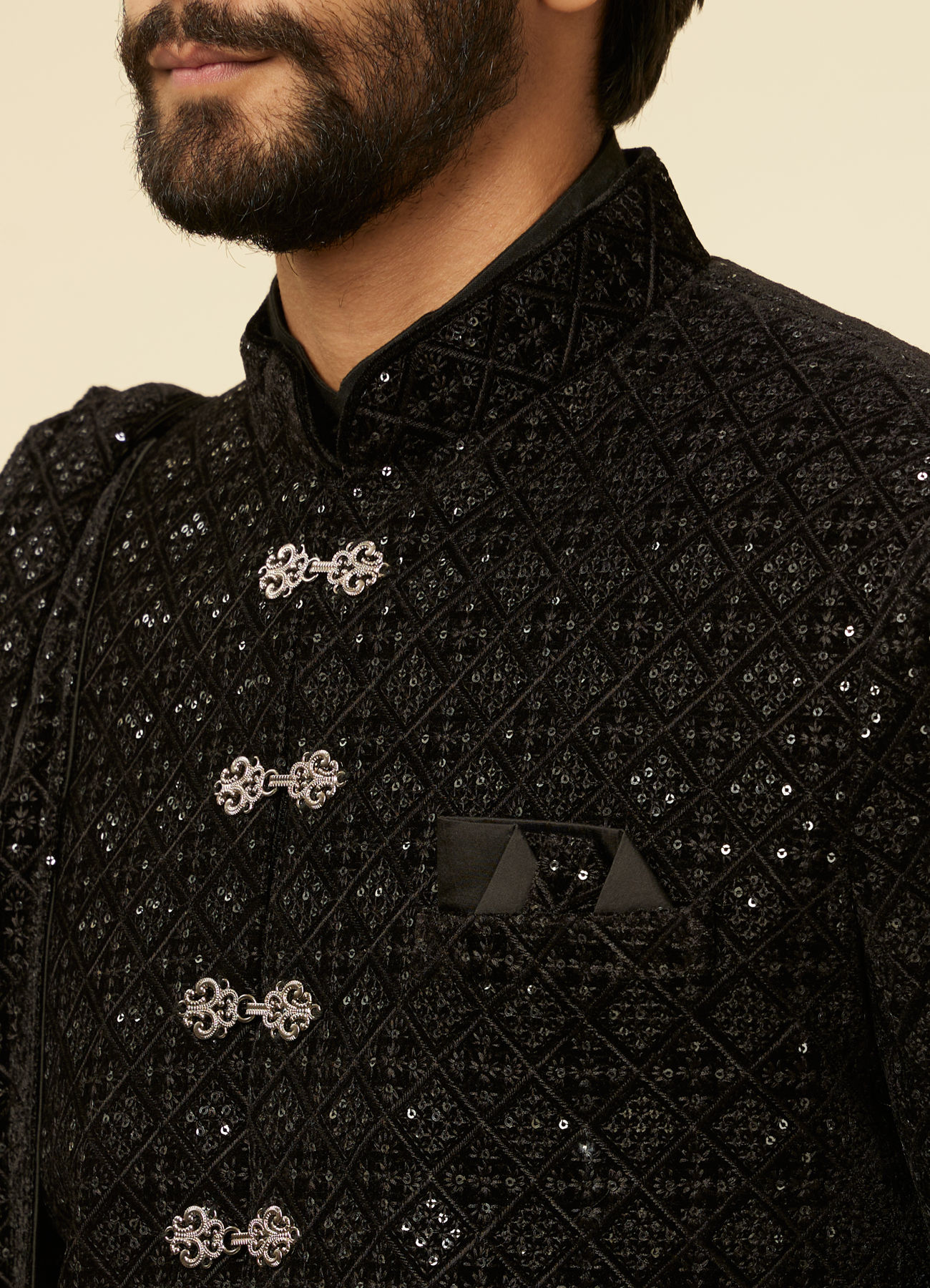 Manyavar Men Kohl Black Sequined Sherwani Set