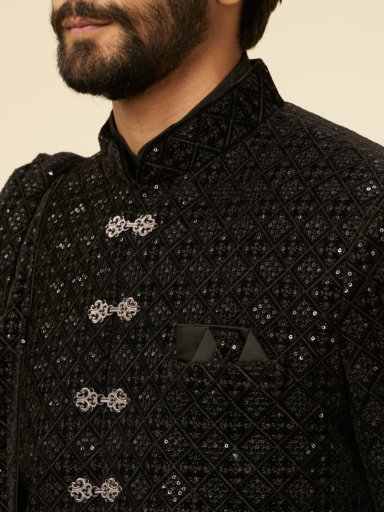 alt message - Manyavar Men Kohl Black Sequined Sherwani Set image number 1