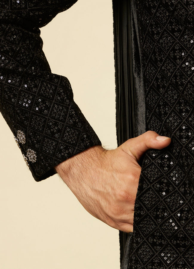 Kohl Black Sequined Sherwani Set image number 3