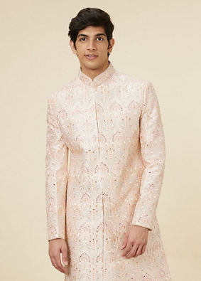 alt message - Manyavar Men Rose Pink Peacock Motif Sherwani Set image number 0