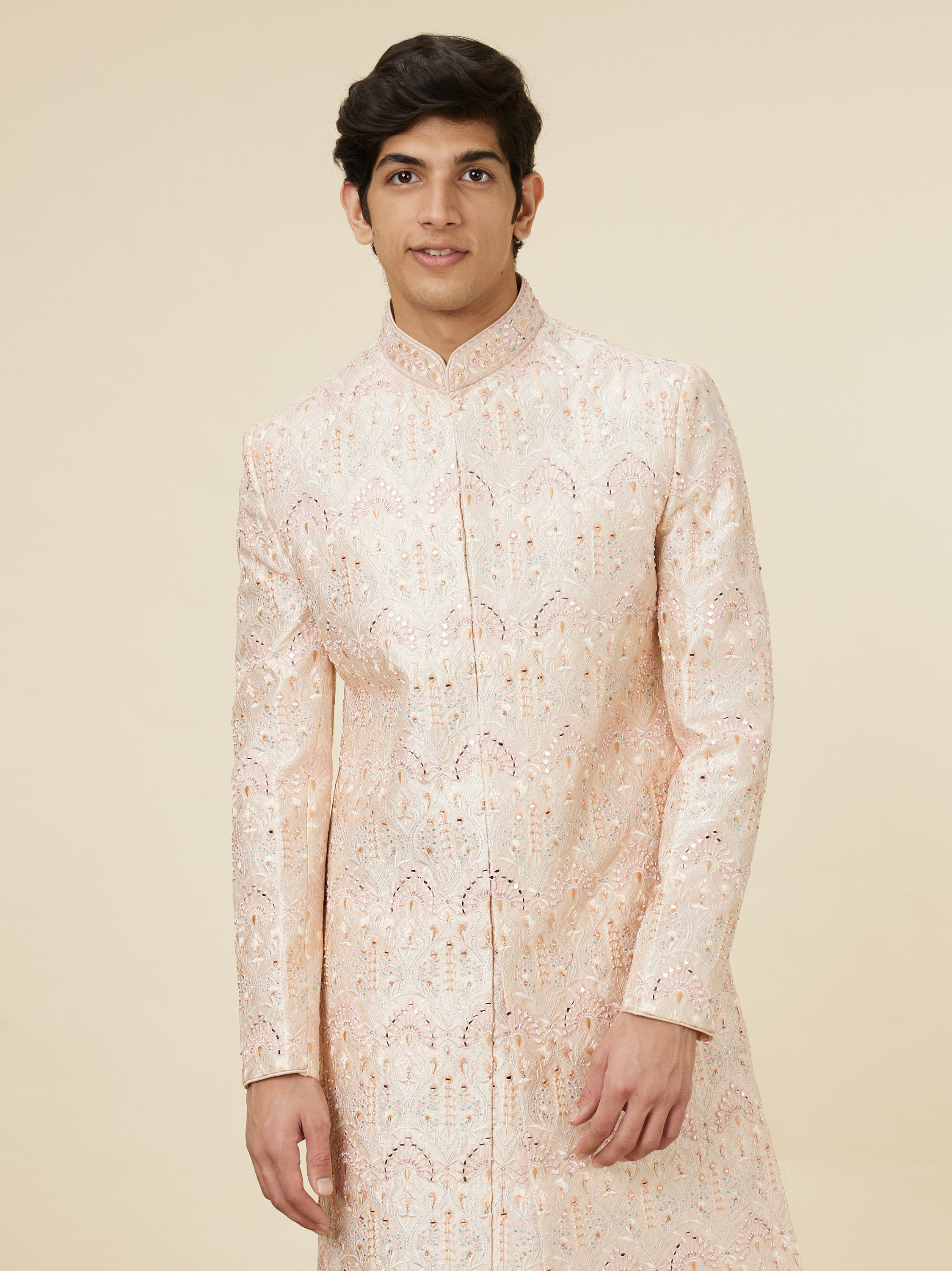 Manyavar Men Rose Pink Peacock Motif Sherwani Set