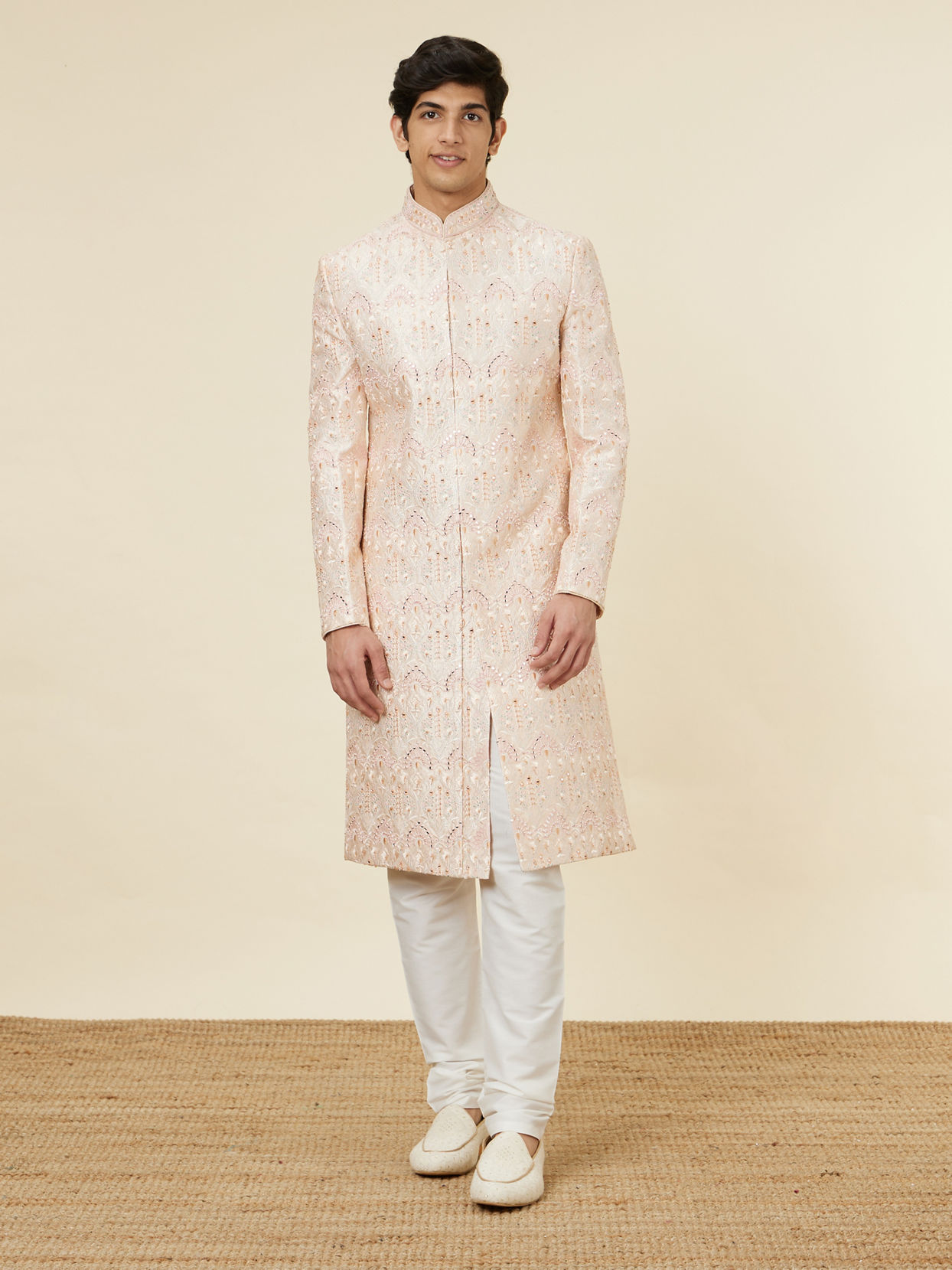 alt message - Manyavar Men Rose Pink Peacock Motif Sherwani Set image number 2