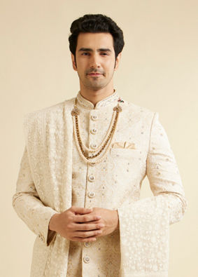 alt message - Manyavar Men Cloud Cream Medallion Patterned Sherwani Set image number 0