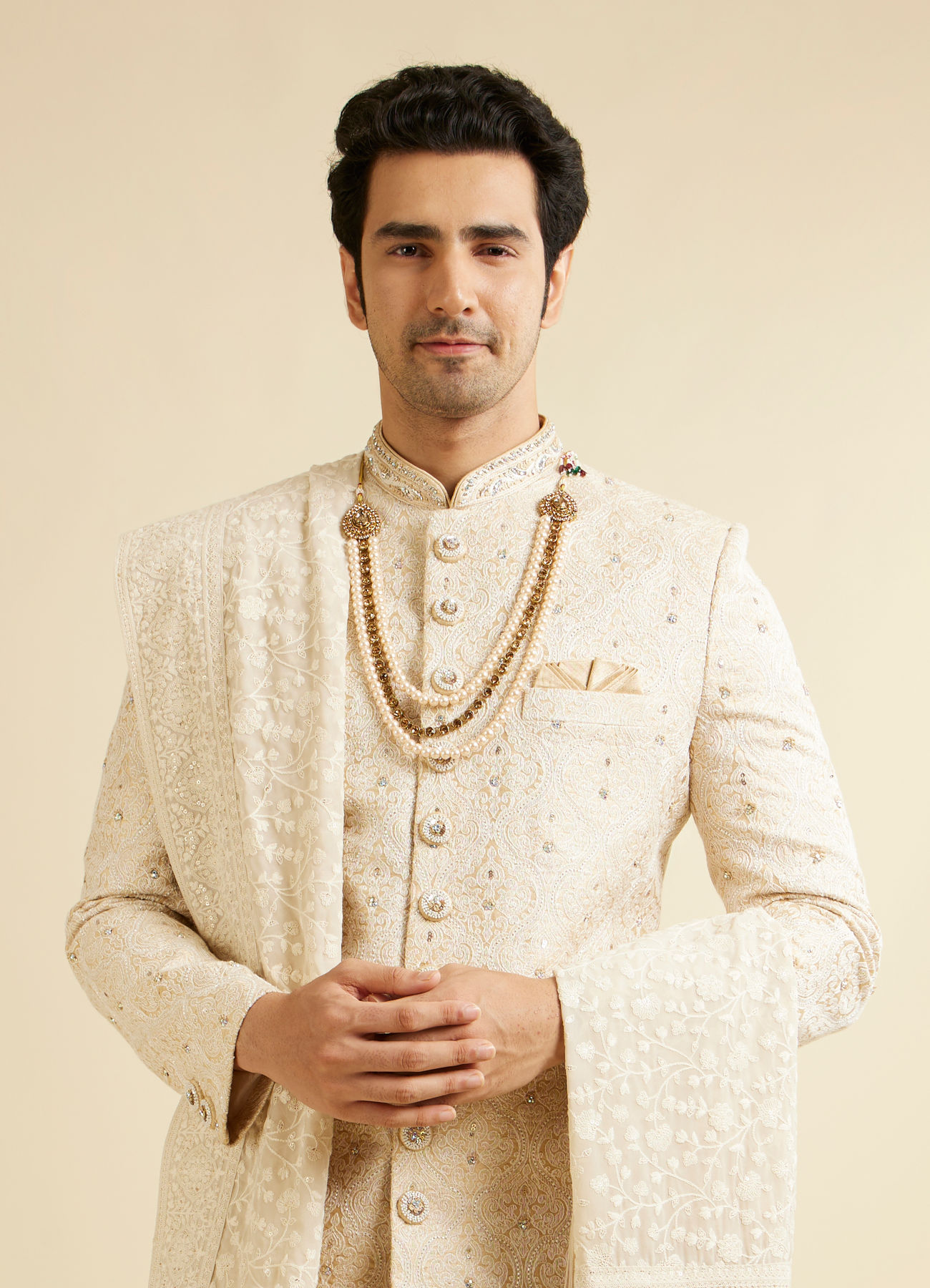 Manyavar Men Cloud Cream Medallion Patterned Sherwani Set