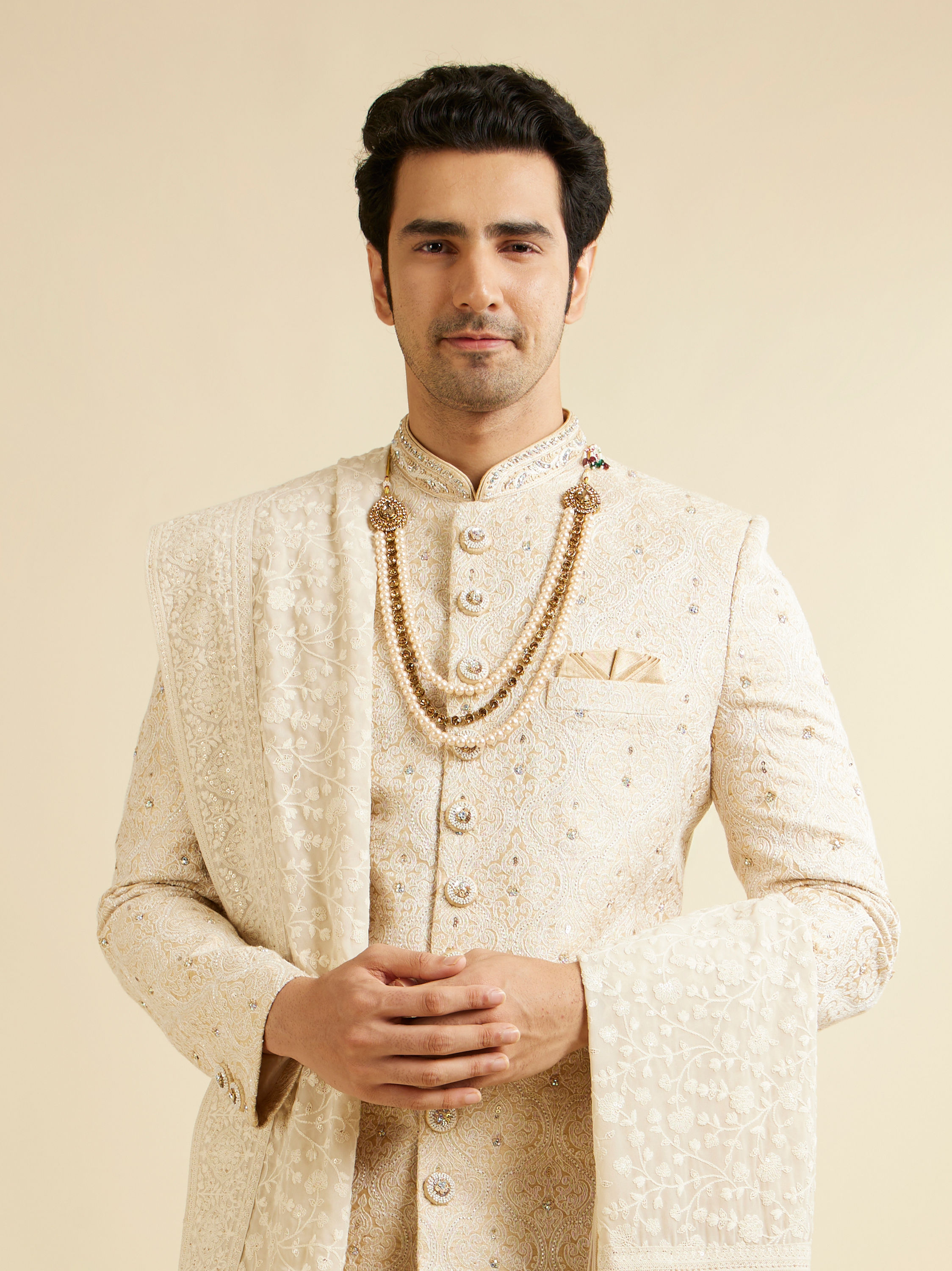 Manyavar Men Cloud Cream Medallion Patterned Sherwani Set