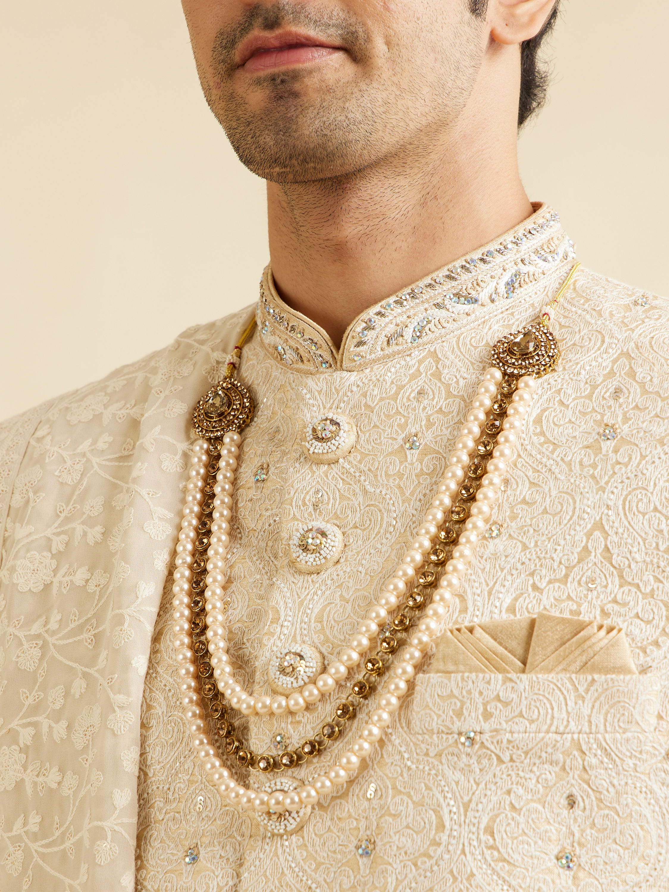 Manyavar Men Cloud Cream Medallion Patterned Sherwani Set