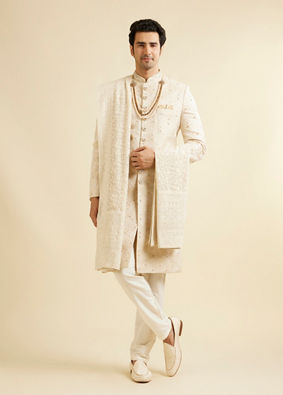 alt message - Manyavar Men Cloud Cream Medallion Patterned Sherwani Set image number 2