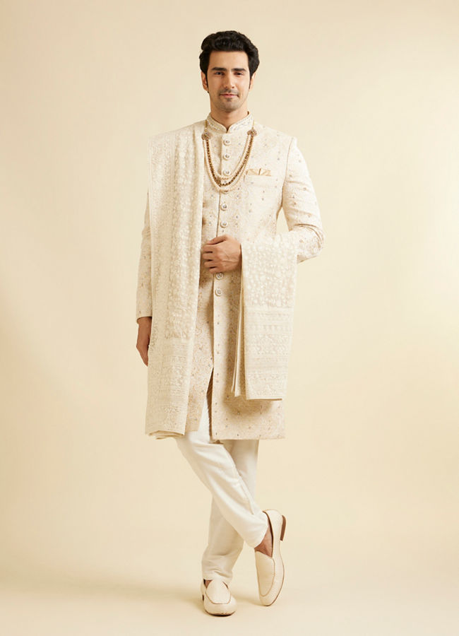 Manyavar Men Cloud Cream Medallion Patterned Sherwani Set