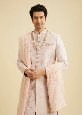 alt message - Manyavar Men Coral Pink Ogee Patterned Sequin Sherwani Set image number 0