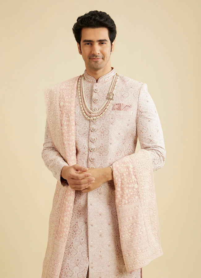 alt message - Manyavar Men Coral Pink Ogee Patterned Sequin Sherwani Set image number 0