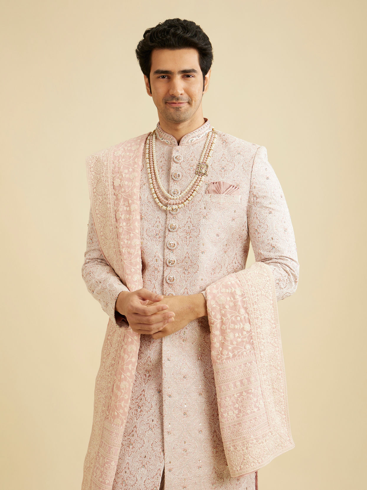 alt message - Manyavar Men Coral Pink Ogee Patterned Sequin Sherwani Set image number 0