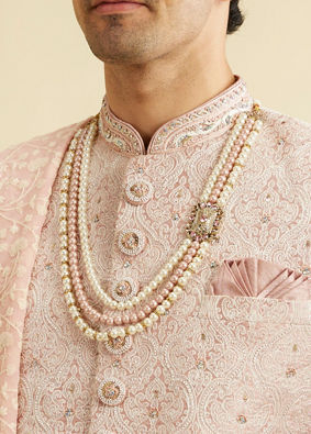 alt message - Manyavar Men Coral Pink Ogee Patterned Sequin Sherwani Set image number 1