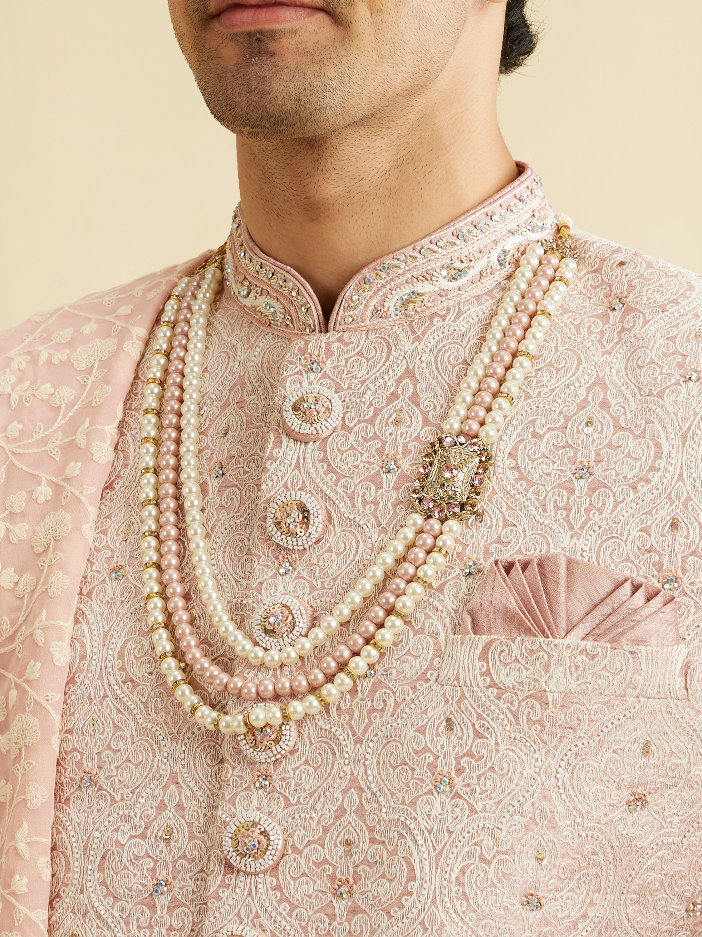 Manyavar Men Coral Pink Ogee Patterned Sequin Sherwani Set