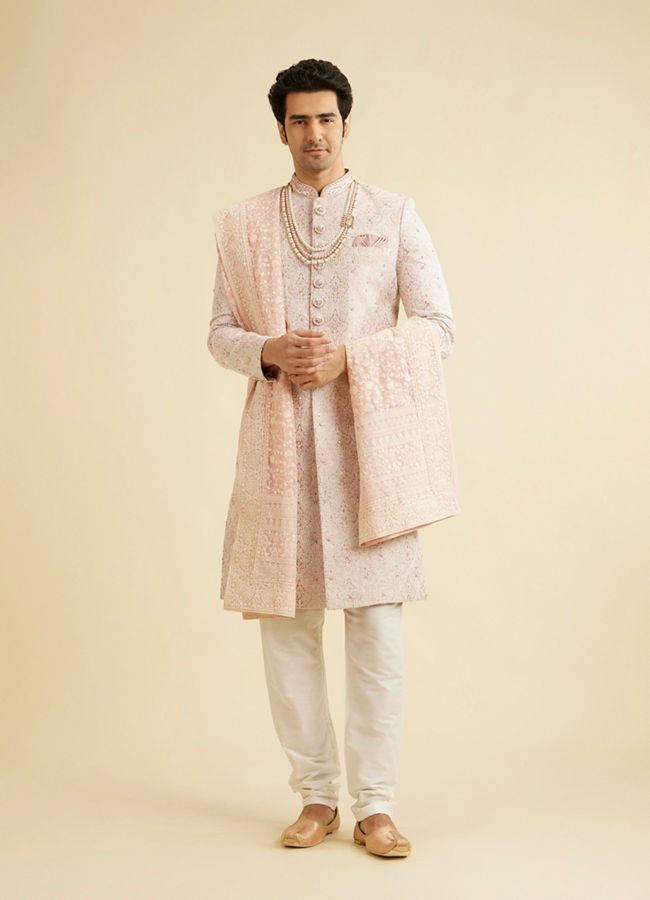 Manyavar Men Coral Pink Ogee Patterned Sequin Sherwani Set