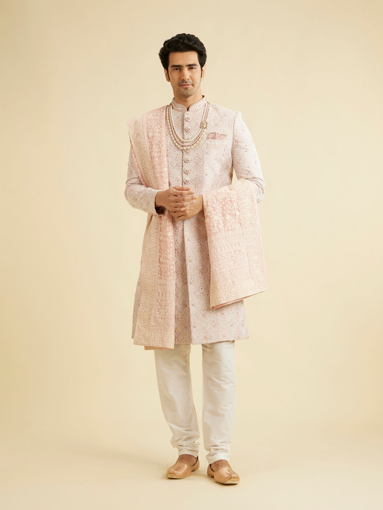 Manyavar Men Coral Pink Ogee Patterned Sequin Sherwani Set