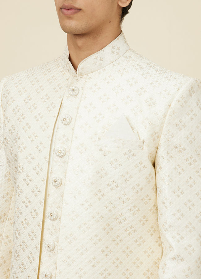 alt message - Manyavar Men Lily White Diamond Patterned Sequined Sherwani Set image number 1