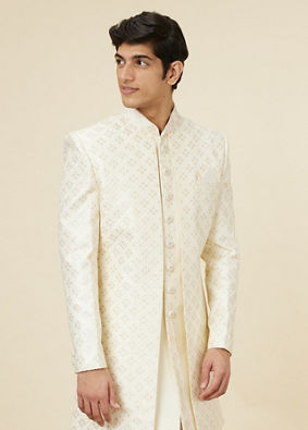 Manyavar Men Lily White Diamond Patterned Sequined Open Sherwani Set