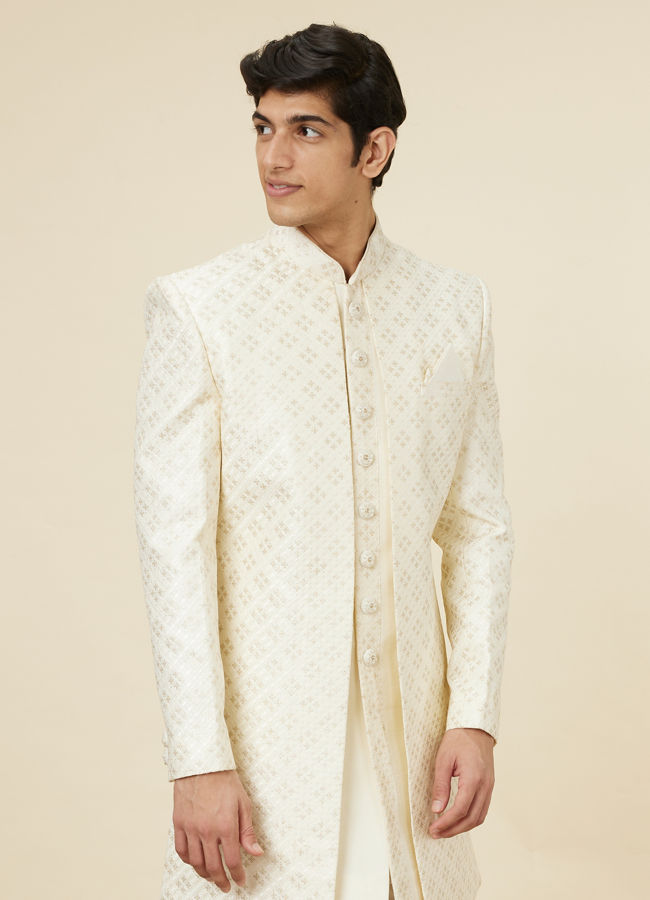 alt message - Manyavar Men Lily White Diamond Patterned Sequined Sherwani Set image number 0