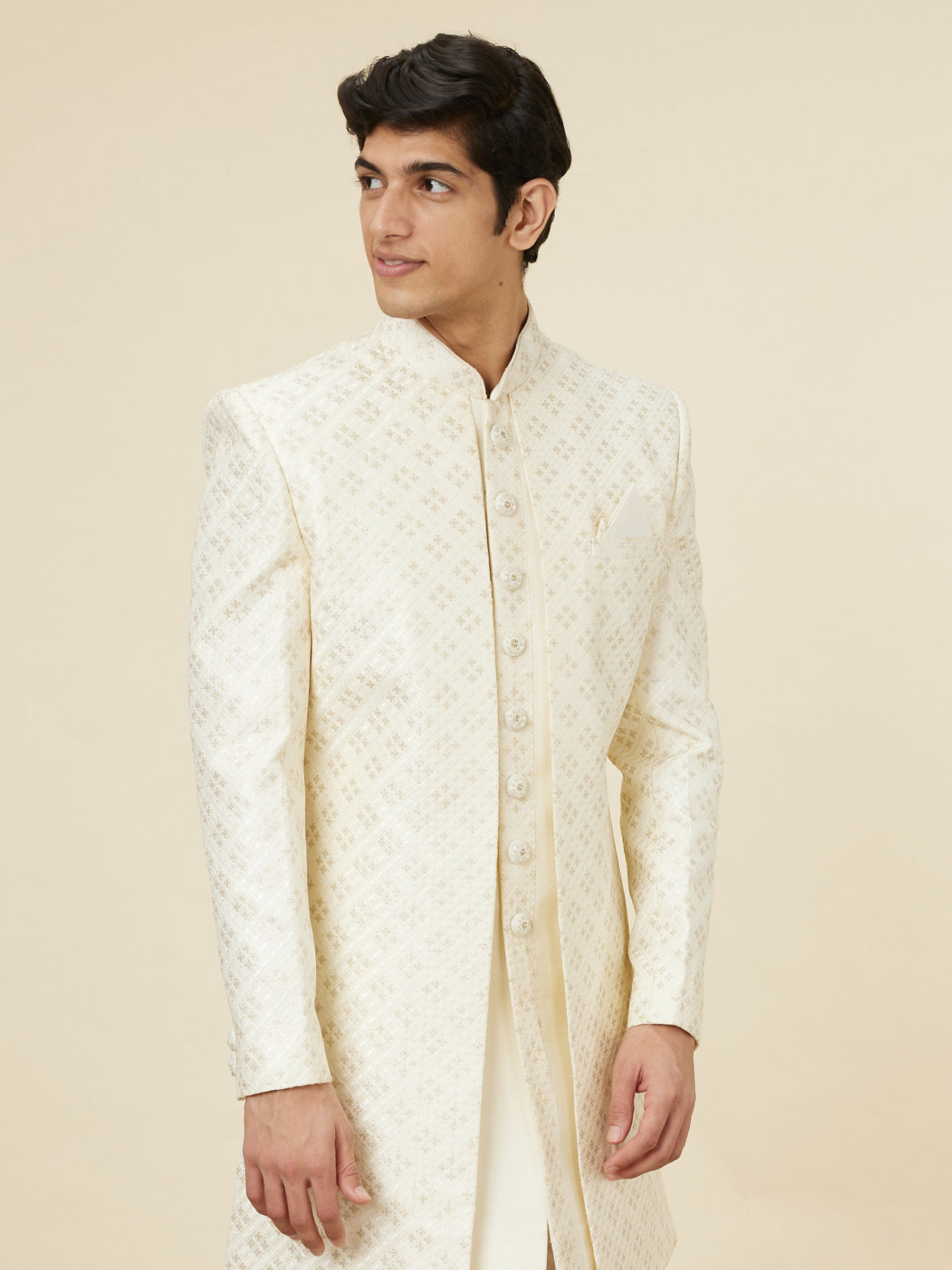 Manyavar Men Lily White Diamond Patterned Sequined Open Sherwani Set