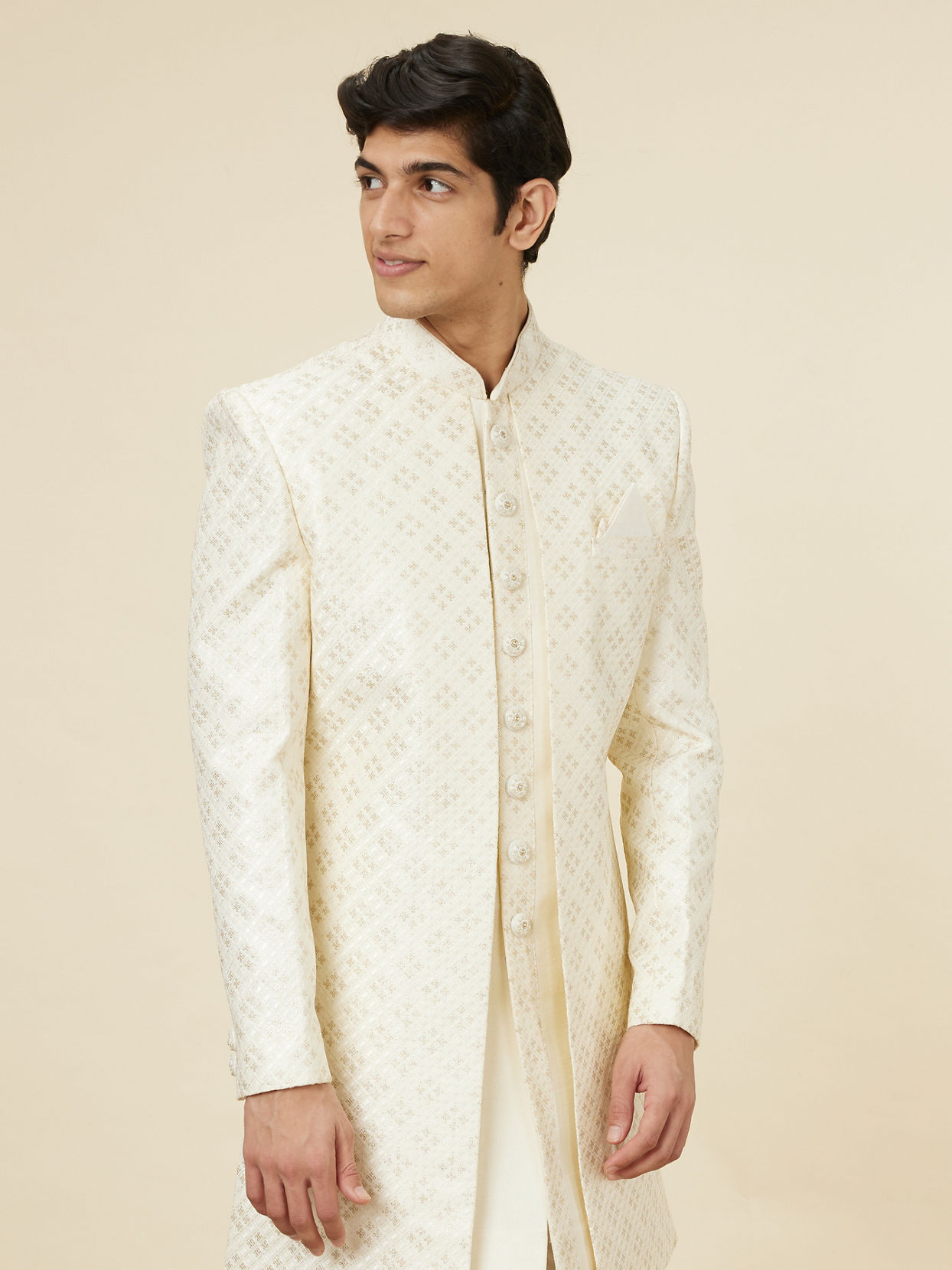 alt message - Manyavar Men Lily White Diamond Patterned Sequined Sherwani Set image number 0