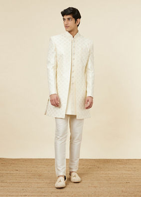 alt message - Manyavar Men Lily White Diamond Patterned Sequined Sherwani Set image number 2