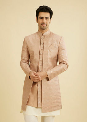 Manyavar Men Rust Pink Self Design Open Sherwani