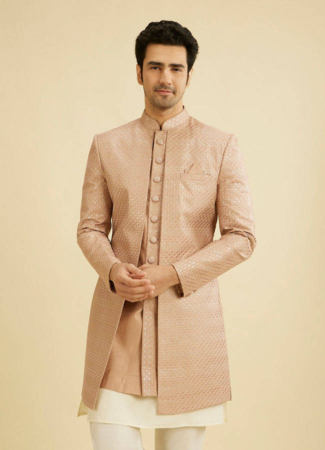 Manyavar Men Rust Pink Self Design Open Sherwani