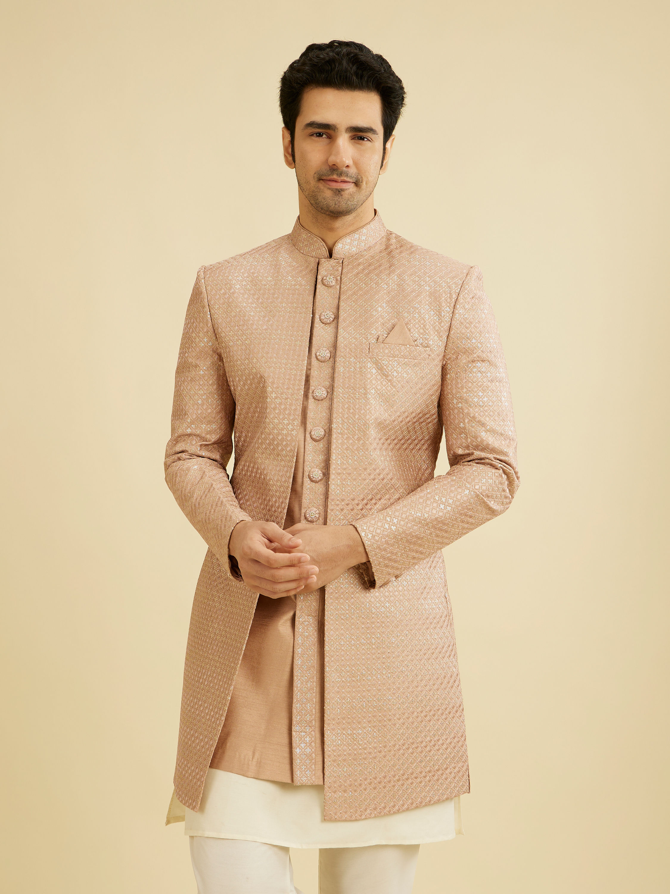 Manyavar Men Rust Pink Self Design Sherwani