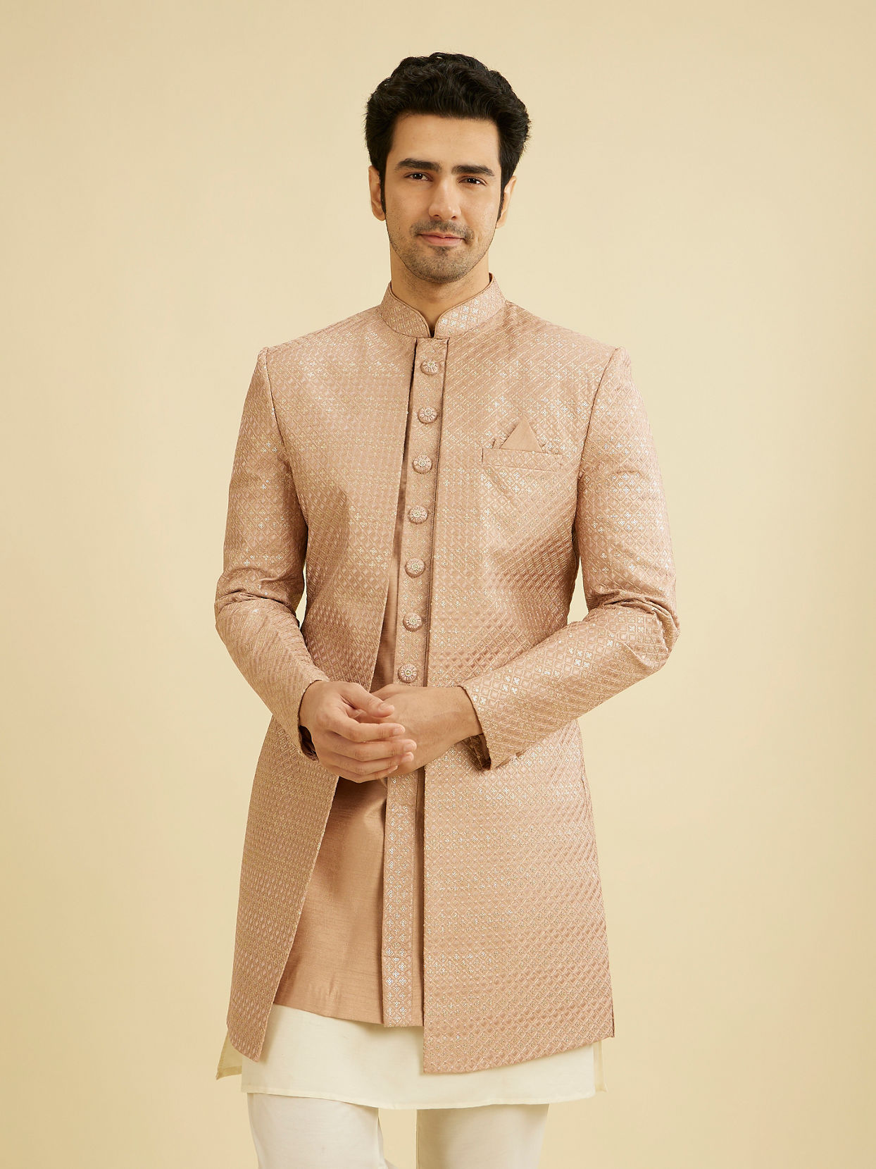 alt message - Manyavar Men Rust Pink Self Design Sherwani image number 0