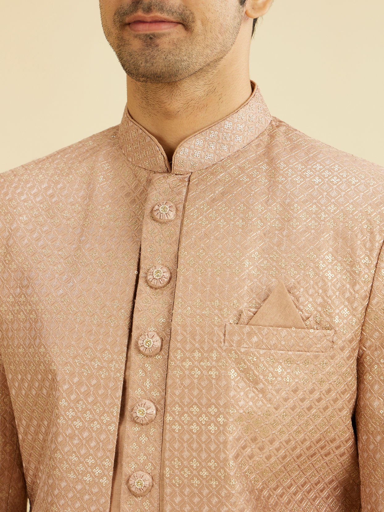 Manyavar Men Rust Pink Self Design Open Sherwani