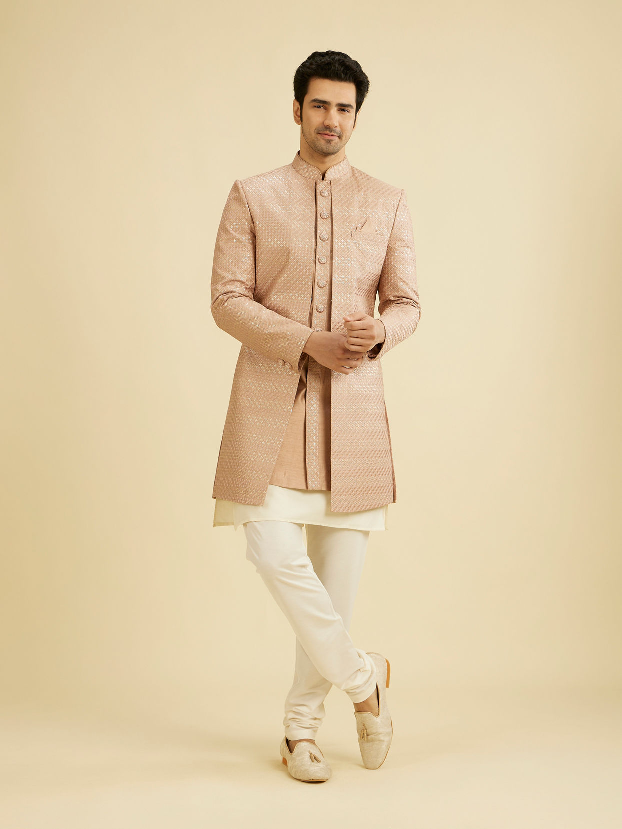 alt message - Manyavar Men Rust Pink Self Design Sherwani image number 2