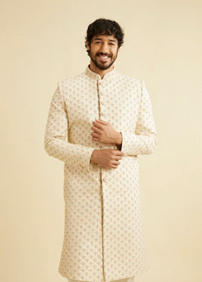 alt message - Manyavar Men Golden Cream Patterned Sherwani Set image number 0