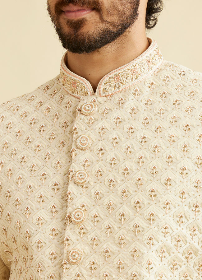 Manyavar Men Beige Cream Patterned Sherwani Set