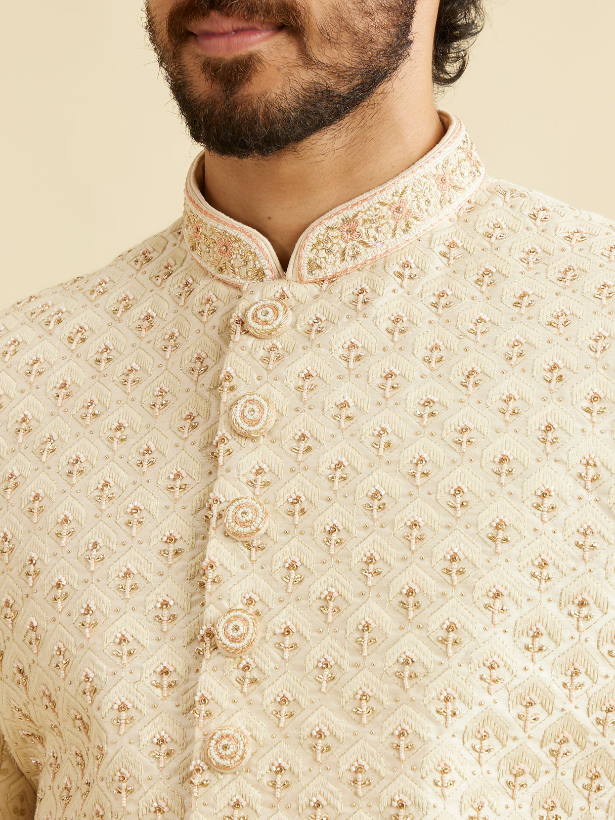 Manyavar Men Beige Cream Patterned Sherwani Set
