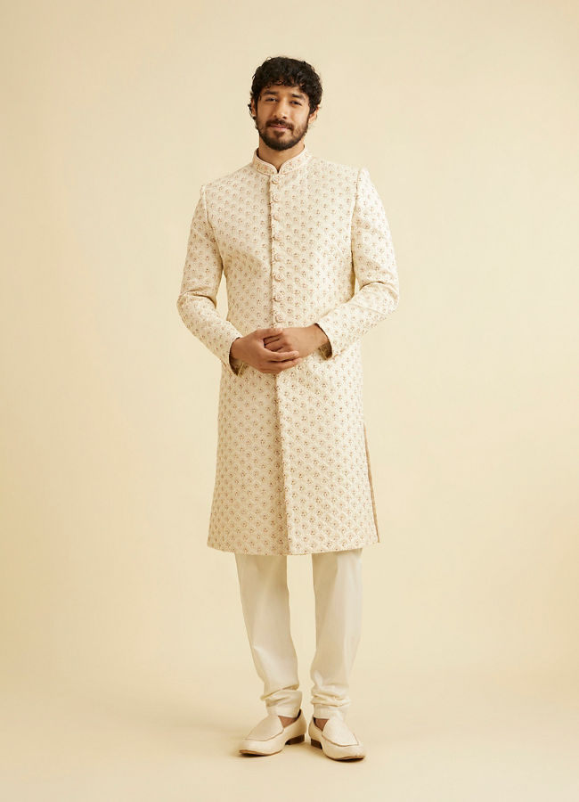 alt message - Manyavar Men Golden Cream Patterned Sherwani Set image number 2