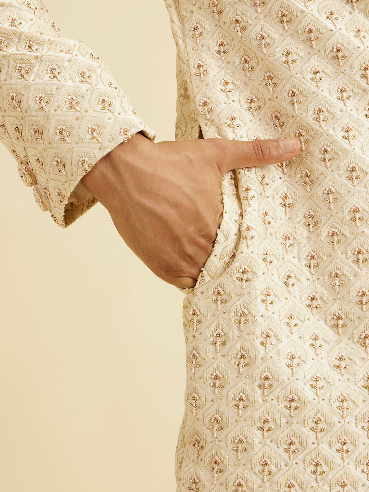 Manyavar Men Beige Cream Patterned Sherwani Set